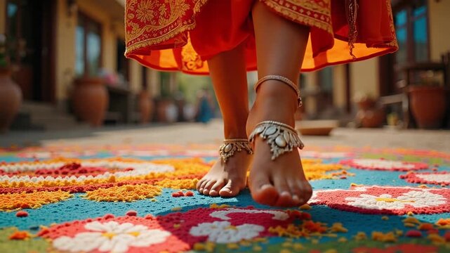 Elegant anklets payal adorn a woman's feet as she gracefully walks near a vibrant rangoli design in stunning 4K detail, capturing Indian tradition.