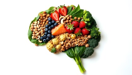 Brain-shaped arrangement of healthy foods on white background promoting mental health and nutrition, ideal for diet awareness and brain boosting content