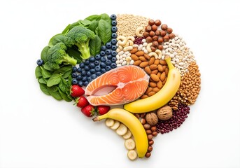 Brain-shaped arrangement of healthy foods on white background promoting mental health and nutrition, ideal for diet awareness and brain boosting content