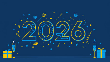 Stylish New Year 2026 Greeting Card Blue Yellow Celebration Background