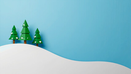 Minimalist Christmas Winter Landscape Three Paper Fir Trees Blue Background