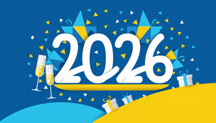 Dynamic Geometric New Year 2026 Celebration Blue Yellow Background