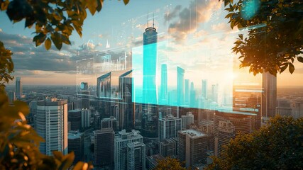 Modern smart city skyline at sunrise blending real architecture with digital holographic buildings showcasing future urban technology growth - Powered by Adobe