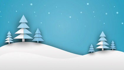 Paper Cut Winter Landscape Christmas Trees Snowy Hills Blue Background