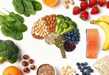 Brain-shaped arrangement of healthy foods on white background promoting mental health and nutrition, ideal for diet awareness and brain boosting content