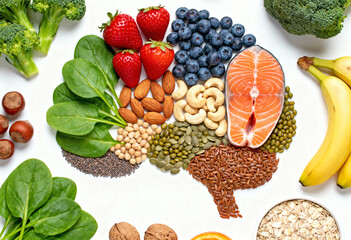 Brain-shaped arrangement of healthy foods on white background promoting mental health and nutrition, ideal for diet awareness and brain boosting content