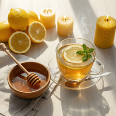 Cozy Hot Lemon Tea with Fresh Mint and Honey on a Sunny Wooden Table Surrounded by Lit Candles and Bright Yellow Lemons Relaxing Ambiance