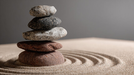 A zen garden featuring a stack of stones, embodying serenity and balance. The stones are carefully balanced on top of each other, creating a sense of tranquility.