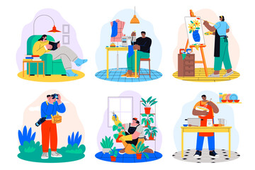 Set of six people practicing hobbies in stylized indoor and outdoor scenes in hand-drawn flat style