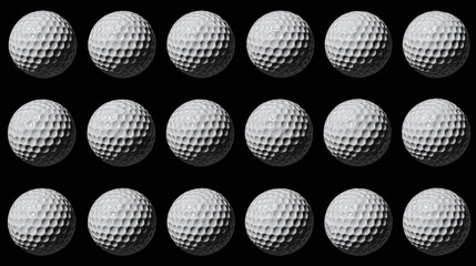 A series of golf balls in a dark background, the golf balls arranged in a grid-like pattern. Each sphere has dimples