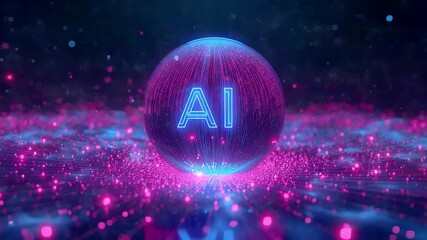 Glowing Artificial Intelligence Sphere with Neon Blue and Pink Lights Floating Over Digital Grid in Abstract Cyber Technology Environment - Powered by Adobe
