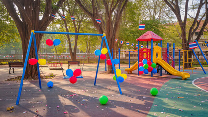 Empty playground decorated with balloons and Thai flags for Children&rsquo;s Day