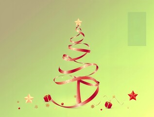 abstract pop art pastel neon illustration of a stylized Christmas tree made out of delicate swirling red ribbon with subtle texture and dimension over a soft green background