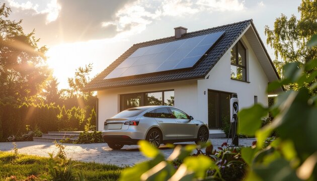 Modern home with solar panels and electric car charging station shines in the sunlight