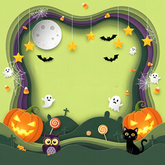 Festive Halloween Scene Pumpkins, Ghosts, and Spooky Delights in a Paper-Cut Design