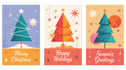 Three retro style christmas tree greeting cards featuring merry christmas happy holidays and seasons greetings messages