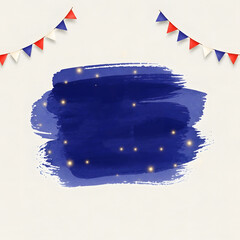 Patriotic celebration concept with a blue watercolor brush stroke, sparkling lights, and festive bunting flags on a textured background