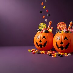 Two Jack-o'-lantern candy buckets overflowing with colorful candies and jelly beans on a vibrant purple background, celebrating Halloween