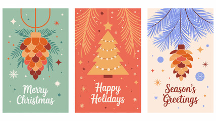Festive christmas and holiday greeting cards featuring ornaments and trees with seasonal wishes