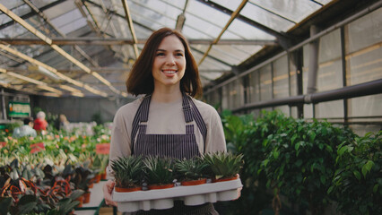 Smiling woman carries tray of succulent plants in greenhouse while surrounded by greenery during sunny day