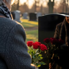 Grieving individual holding a bouquet of red roses in front of a tombstone during a somber visit to the cemetery