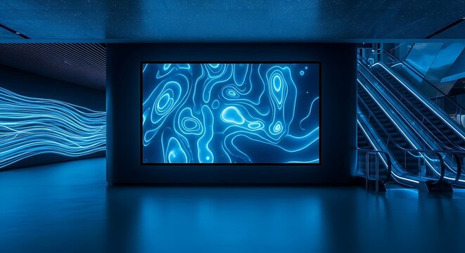 Abstract Blue Digital Art with Flowing Lines and Topographic Map Display.