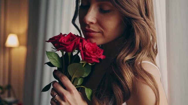 Woman holds red roses and enjoys the moment in a softly lit room with curtains drawn