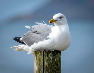 Perched white bird with yellow beak, resting on a wooden post