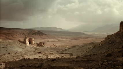 Abandoned destroyed city in apocalyptic wasteland concept. A vast, desolate landscape showcasing dramatic mountain scenery.