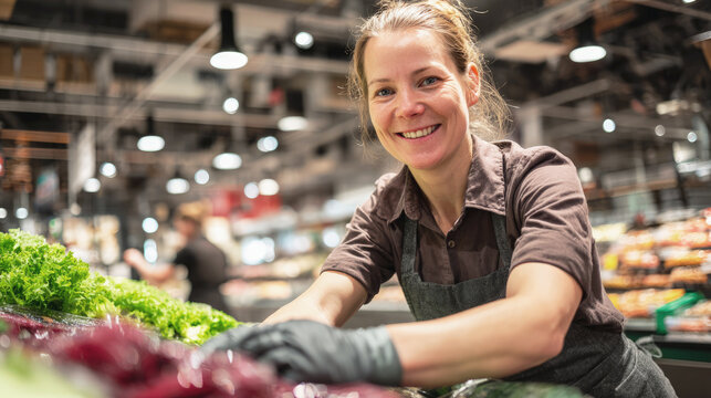 Smiling grocery store worker arranging fresh lettuce in produce section. - Powered by Adobe