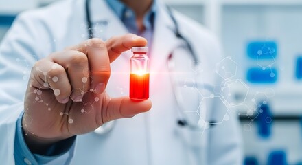 Doctor holding vial of blood sample for research in laboratory setting