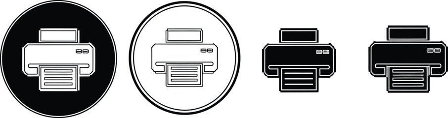 Monochrome icon set featuring printer vector graphic. Black and white printing device, copy machine used in office or home for paperwork print task.