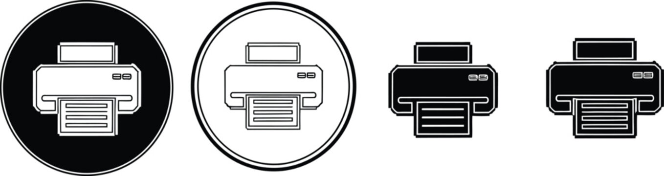 Monochrome icon set featuring printer vector graphic. Black and white printing device, copy machine used in office or home for paperwork print task.