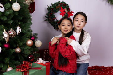Two girls are posing happily together by a decorated Christmas tree