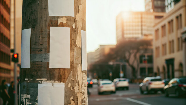 Missing poster template stuck on street wall concept. Urban street scene with a pole and blank posters in sunlight.