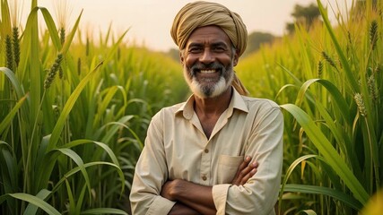 Proud Indian farmer stands tall in his vibrant wheat field, arms crossed, exuding confidence and tradition in stunning 4k