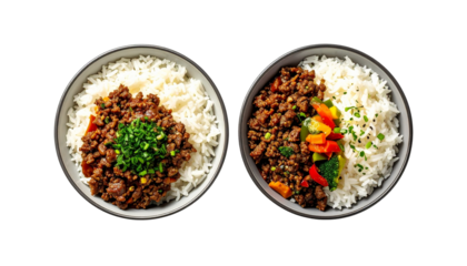  Two bowls of rice nd ground beef with garnish, isolated on transparent background