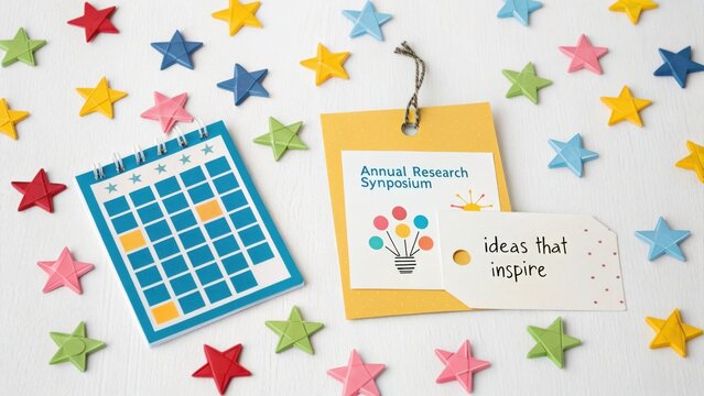 Overhead view of calendar tag and star shapes for annual event