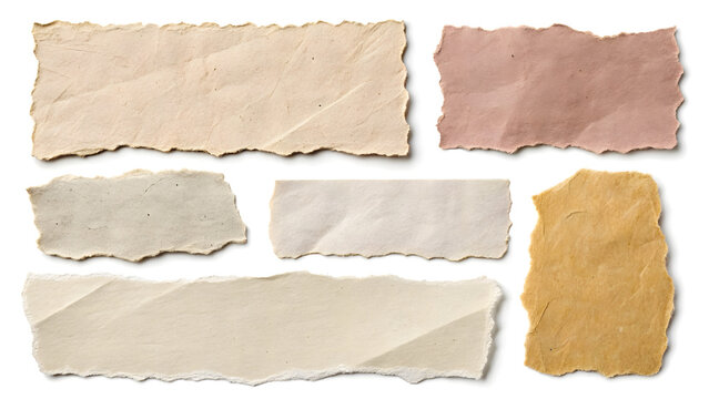 Assortment of seven torn paper scraps with irregular edges on white background Keywords: paper, torn, scrap, ripped, grunge, texture, old, vintage