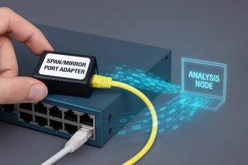 Ai cybersecurity threat defense concept with network port adapter and data flow to analysis node for secure monitoring