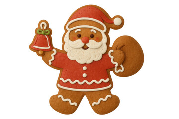 Gingerbread santa claus cookie holding a bell and gift bag, celebrating christmas holidays, transparent background