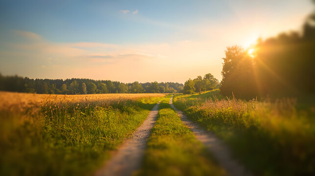 A small, cozy path near a field and forest against a backdrop of a beautiful sunny sky