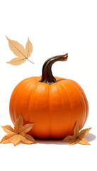 Autumn pumpkin with fallen leaves, vibrant orange color and seasonal decoration,
