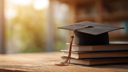 scholar. Stacked graduation caps symbolizing academic success, softly lit with a warm and nostalgic ambiance. event programs.