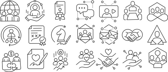 Business and Teamwork Stroke Icon Collection. Containing Leadership, Collaboration, Communication, Partnership and More Icons. Editable Outline Icon Set.