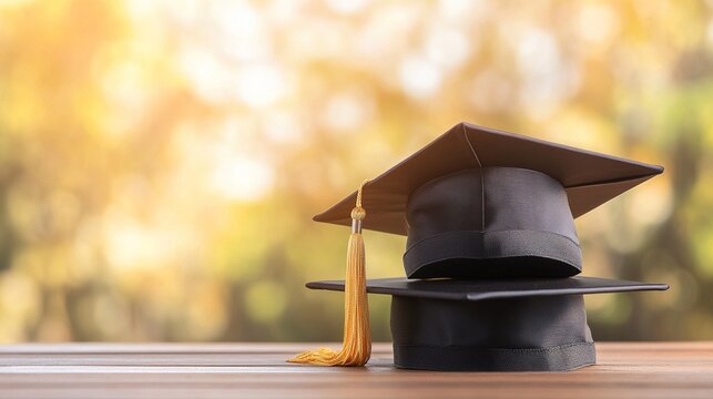 scholar. Stacked graduation caps symbolizing academic success, softly lit with a warm and nostalgic ambiance. event programs.