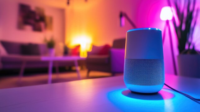 Smart speaker on table in colorful living room.