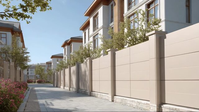 Modern residential buildings with decorative fences in urban setting  