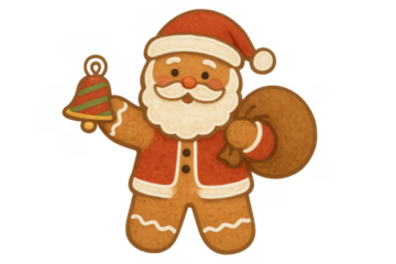 Gingerbread santa claus cookie holding a bell and presenting a gift sack, spreading christmas holiday cheer
