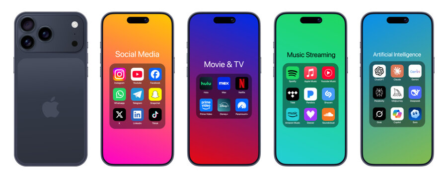 Mobile App Folder iOS 26 in iPhone 17 Pro Max Mockup. Social Media, Movie & TV, Music Streaming and AI Apps Folder UI including Instagram, YouTube, Netflix, Spotify, ChatGPT, and Gemini.